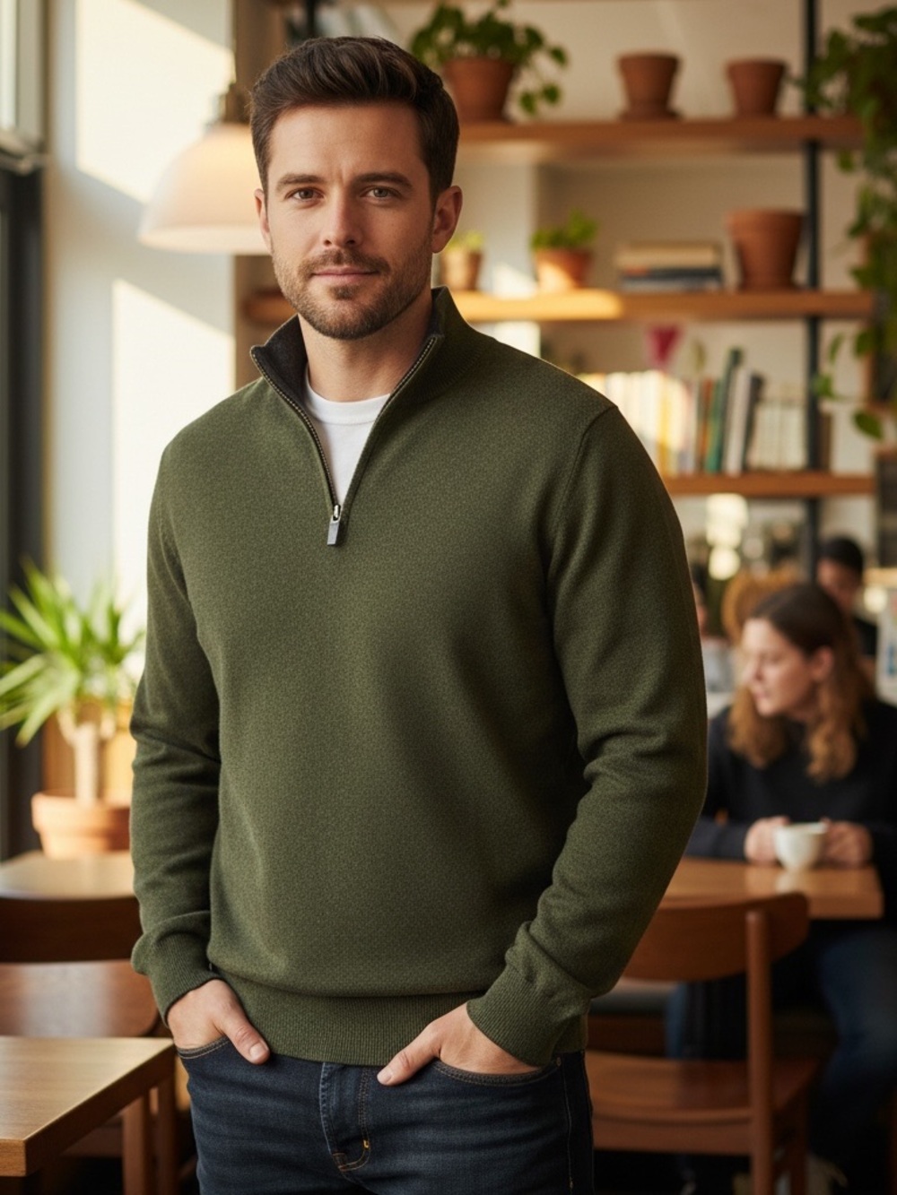 • Ralph Lauren • Washable Cashmere Men's Olive Quarter-Zip Sweater Medium